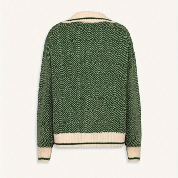 Green Casual Women's Knitted Long-Sleeved V-Neck Pullover sweater top - Picture 4 of 5